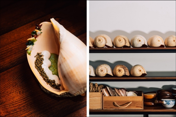 A Lenda da Praia da Rocha, com xerém de coentros e marisco, espuma de citrinos, areia falsa de pão e algas A Lenda da Praia da Rocha, com xerém de coentros e marisco, espuma de citrinos, areia falsa de pão e algas