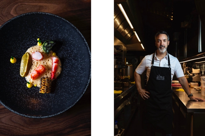 Carabineiro com alho francês tostado, milho, emulsão de amêndoa e laranja, um dos clássicos do chef Henrique Sá Pessoa Carabineiro com alho francês tostado, milho, emulsão de amêndoa e laranja, um dos clássicos do chef Henrique Sá Pessoa