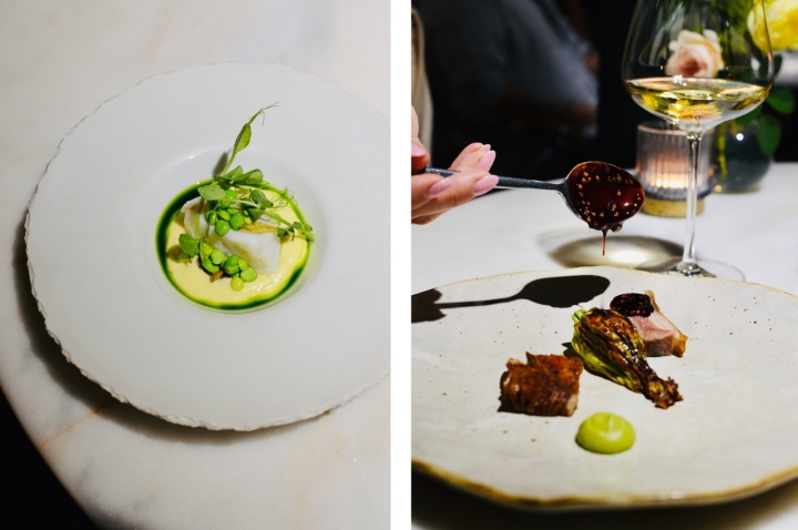 À esquerda, o bacalhau com ervilhas é feito com óleo de alho selvagem que é produzido pelos pais de Louise em França     À esquerda, o bacalhau com ervilhas é feito com óleo de alho selvagem que é produzido pelos pais de Louise em França