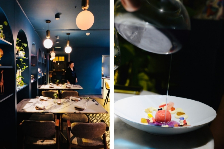 À direita, outra das sobremesas do menu Florescer: o sorvete de ruibarbo, com chá de ervilha borboleta e algodão-doce ácido À direita, outra das sobremesas do menu Florescer: o sorvete de ruibarbo, com chá de ervilha borboleta e algodão-doce ácido