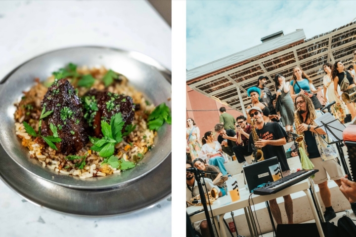 À esquerda, as bochechas de vaca com arroz de enchidos; à direita, o terraço em dia de concerto (foto Filipe Gonçalves) 