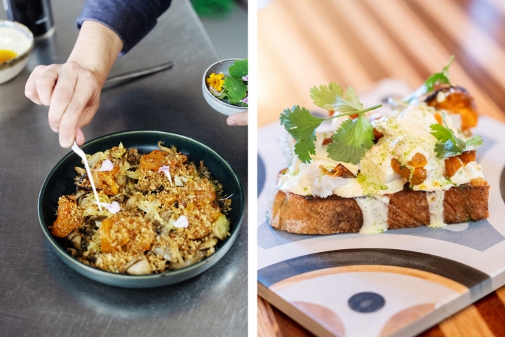 Tiborna de cogumelos na brasa, com tomate assado, azeite e couve fermentada  Tiborna de cogumelos na brasa, com tomate assado, azeite e couve fermentada