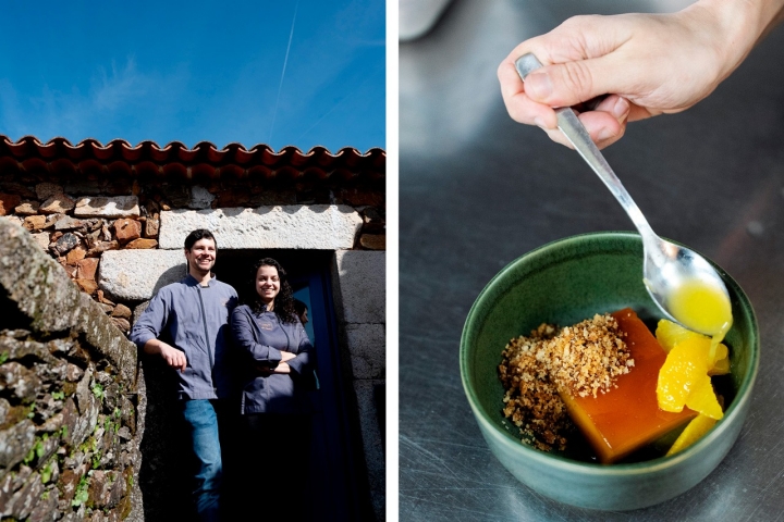 O casal Roberto Lopes e Ana Batista. À direita, o pudim de pão com citrinos, azeite e flor de sal O casal Roberto Lopes e Ana Batista. À direita, o pudim de pão com citrinos, azeite e flor de sal