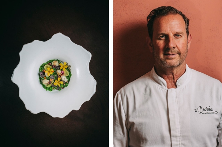 Bosque do Minho, feito com cogumelos, couve flor, gel de beterraba, sorrel dos bosques e um crumble de salsa e sobras de pão de massa mãe, à esquerda.  Bosque do Minho, feito com cogumelos, couve flor, gel de beterraba, sorrel dos bosques e um crumble de salsa e sobras de pão de massa mãe, à esquerda.