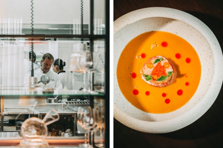 A sapateira mergulhada numa sopa de peixe e marisco, à direita.   A sapateira mergulhada numa sopa de peixe e marisco, à direita.