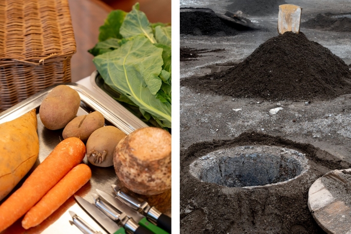 Batata, batata-doce, inhame , cenouras, couve e repolho branco: tudo isto vai cozer debaixo de terra