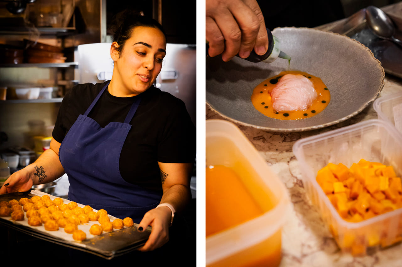 As sobremesas são um momento alto do Essencial, à esquerda. À direita, vemos o lírio curado servido com leite de tigre e pickles de cenoura