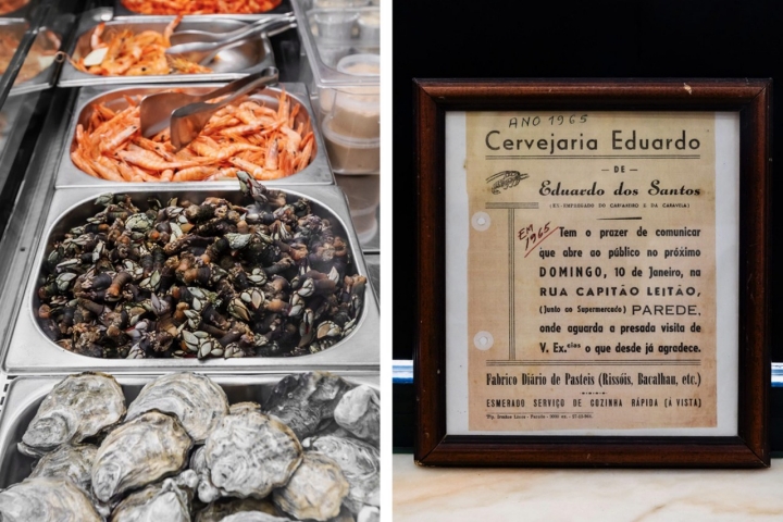 Imagen doble de mariscos en vitrina y el antiguo permiso de apertura (1965) Imagen doble de mariscos en vitrina y el antiguo permiso de apertura (1965)