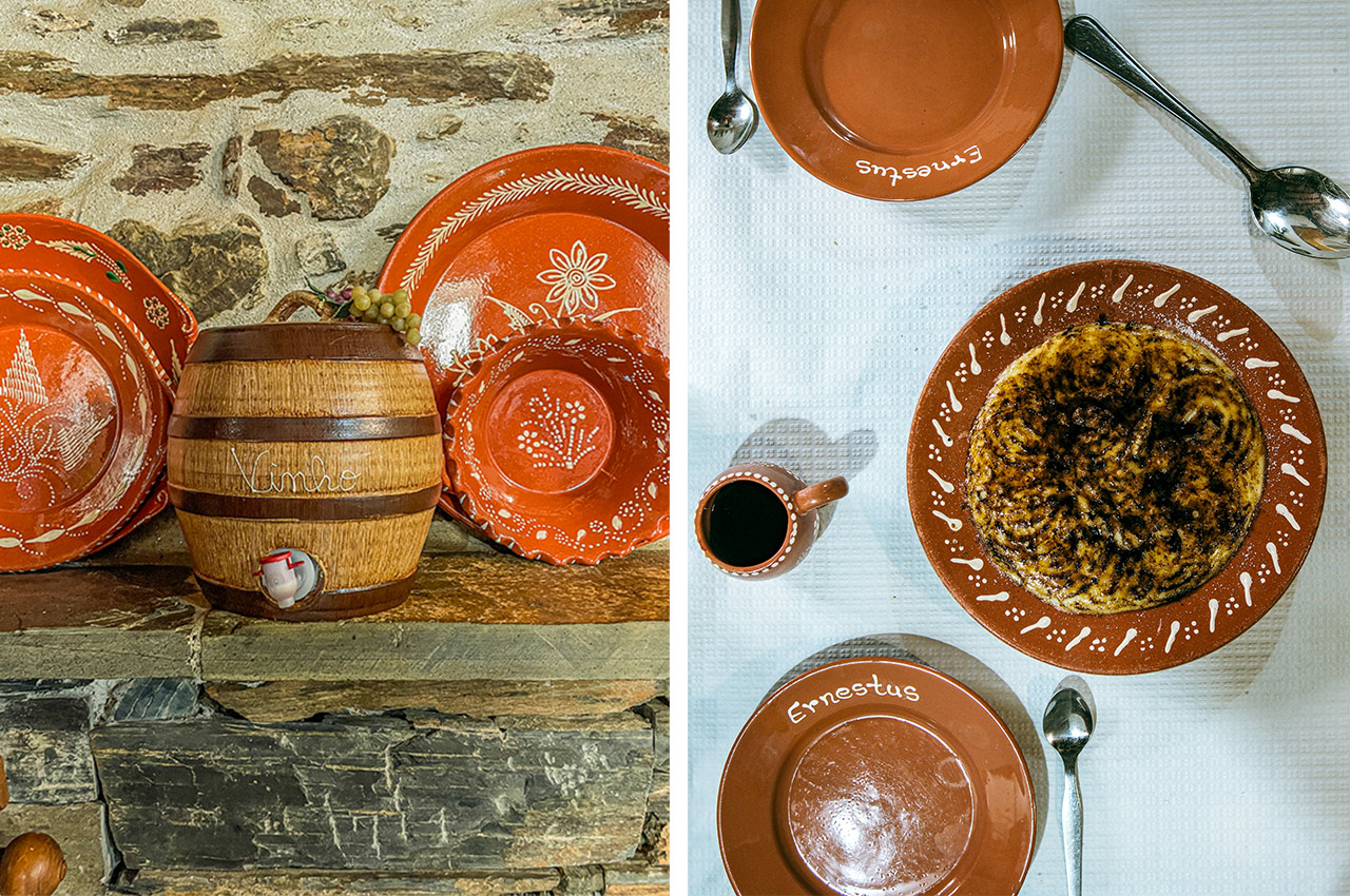 O vinho, como quase tudo no Ernestus, é caseiro e o leite creme, à direita, é queimado ao momento