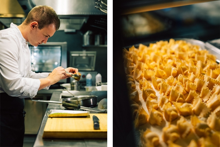 Stefano Bulla, com apenas 27 anos, lidera a cozinha com calma e rigor. À direita, os famosos fagotelli de carbonara, foram criados por Heinz Beck há 20 anos e continuam no menu Stefano Bulla, com apenas 27 anos, lidera a cozinha com calma e rigor. À direita, os famosos fagotelli de carbonara, foram criados por Heinz Beck há 20 anos e continuam no menu