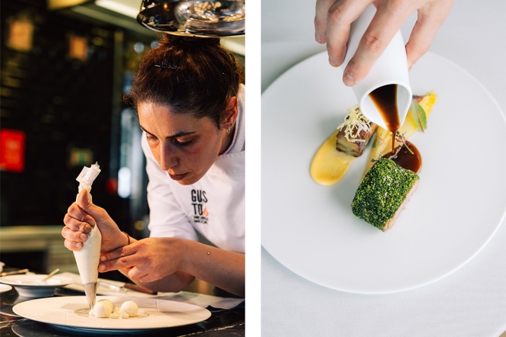 A italiana Federica Valleriani é a chef de pastelaria do restaurante. À direita, vitela com ervas e pistácio e terrina de batata A italiana Federica Valleriani é a chef de pastelaria do restaurante. À direita, vitela com ervas e pistácio e terrina de batata