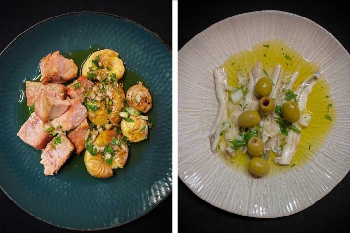 Atum fresco, molho verde e batatinha a murro; Biqueirão com azeitonas verdes Atum fresco, molho verde e batatinha a murro; Biqueirão com azeitonas verdes