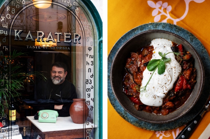 À esquerda, o chef Guram Baghdoshvili, que chegou a Portugal em 1999. À direita, ajapsandali, uma espécie de ratatouille da cozinha da Geórgia. À esquerda, o chef Guram Baghdoshvili, que chegou a Portugal em 1999. À direita, ajapsandali, uma espécie de ratatouille da cozinha da Geórgia.