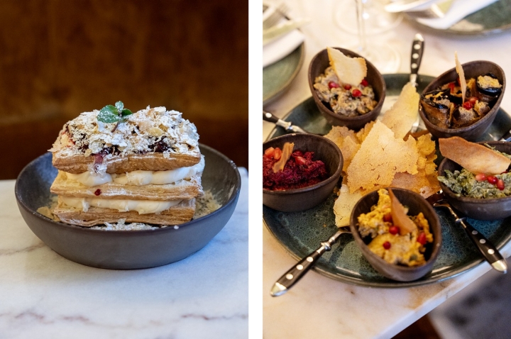 À esquerda, o famoso Napoleon, a recriação soviética do mil-folhas, a imperdível sobremesa. À direita, pkhaleuli, patés de vegetais e ervas aromáticas para entrada. À esquerda, o famoso Napoleon, a recriação soviética do mil-folhas, a imperdível sobremesa. À direita, pkhaleuli, patés de vegetais e ervas aromáticas para entrada.