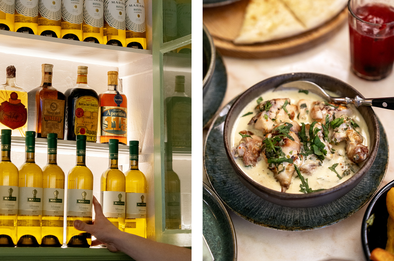 Nas prateleiras há garrafas antigas de aguardente e anis e outras mais modernas. Vale a pena experimentar o vinho de ânfora georgiano Nas prateleiras há garrafas antigas de aguardente e anis e outras mais modernas. Vale a pena experimentar o vinho de ânfora georgiano