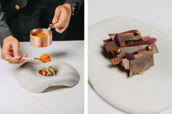 Arroz bomba, gambas e molho de caldeirada, à esquerda; e Chocolate com trufa, uma sobremesa de Joana Thöny, à direita Arroz bomba, gambas e molho de caldeirada, à esquerda; e Chocolate com trufa, uma sobremesa de Joana Thöny, à direita