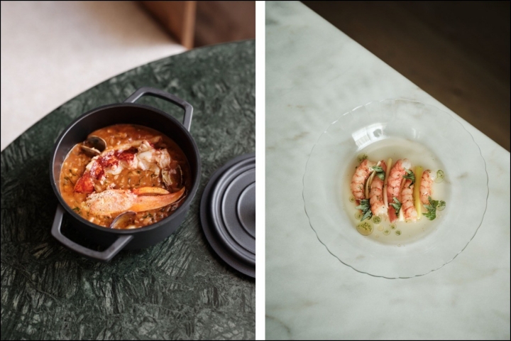 Arroz de Marisco caldoso, caranguejo e lavagante nacional; e Camarão do Algarve, corações de alho francês, óleo de folha de lima ©Charles McCay Arroz de Marisco caldoso, caranguejo e lavagante nacional; e Camarão do Algarve, corações de alho francês, óleo de folha de lima ©Charles McCay