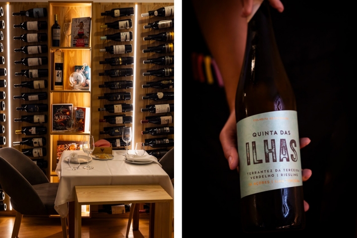 A garrafeira, repleta de referências locais, é um dos pontos altos deste restaurante