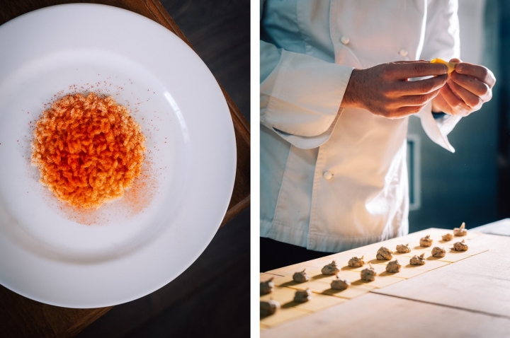 O risotto, à esquerda, é um dos pratos mais repetidos na Mavalà. A preparação dos capeletti, à direita.  O risotto, à esquerda, é um dos pratos mais repetidos na Mavalà. A preparação dos capeletti, à direita.