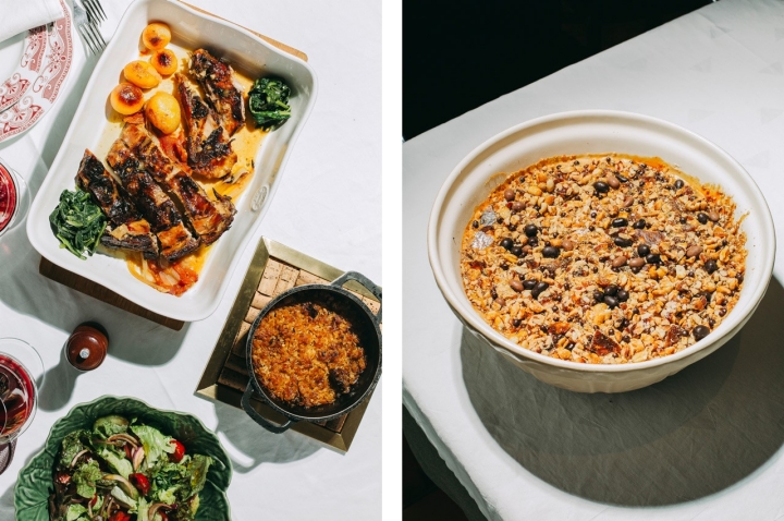 Cabrito assado no forno, à esquerda, e a baba de rinoceronte, à direita, sobremesa que junta amendoim, caramelo, noz pecan e maltesers Cabrito assado no forno, à esquerda, e a baba de rinoceronte, à direita, sobremesa que junta amendoim, caramelo, noz pecan e maltesers