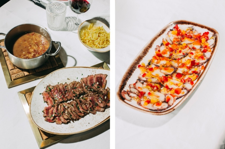 Rosbife com arroz de feijão e batata palha, à esquerda, e carpaccio de polvo à direita  Rosbife com arroz de feijão e batata palha, à esquerda, e carpaccio de polvo à direita