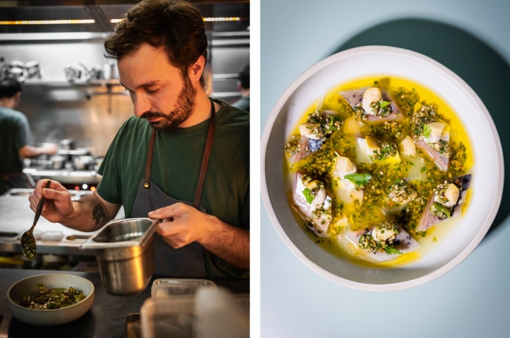 A preparação de um prato que combina ácido e salgado: sarda, maçã verde e azeitona verde A preparação de um prato que combina ácido e salgado: sarda, maçã verde e azeitona verde