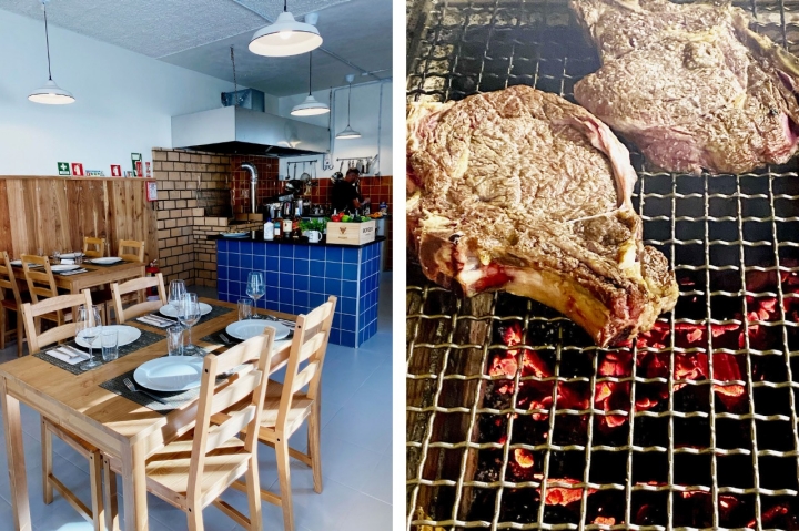 Imagen doble carne a la brasa e interior del restaurante Imagen doble carne a la brasa e interior del restaurante