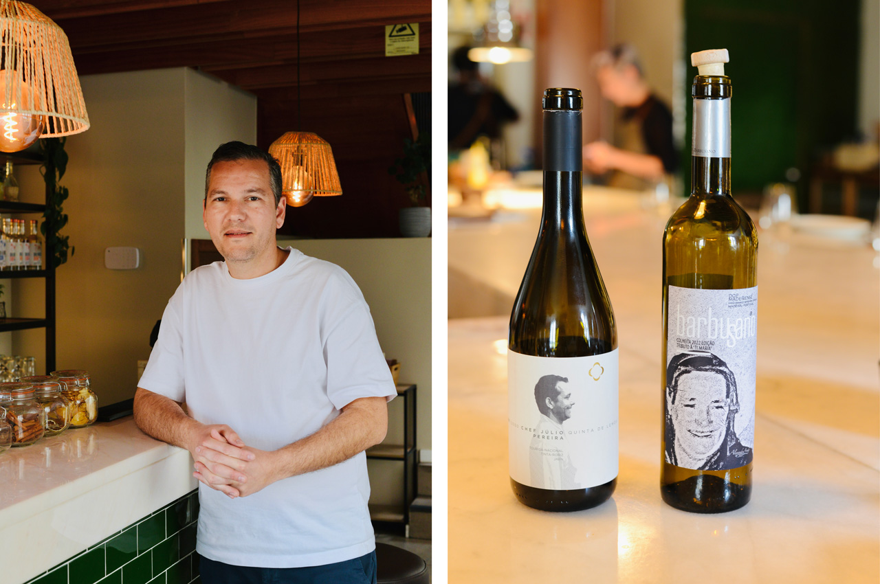 O chef Carlos Gonçalves trabalha no desenvolvimento dos restaurantes e menus com Júlio Pereira. À direita, o vinho que é feito em parceria com diversos produtores. Se num vemos o rosto de Júlio Pereira, no outro surge a Ti Maria