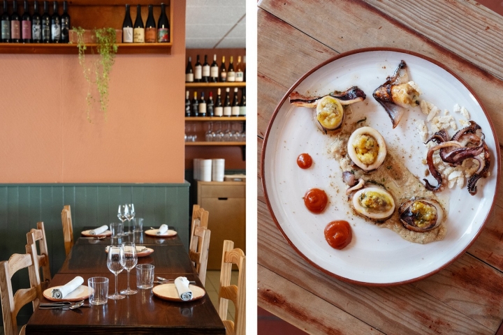 À direita, a lula recheada com migas de grelos e paté de ovas de pescada, um prato leve e um dos mais recentes da carta À direita, a lula recheada com migas de grelos e paté de ovas de pescada, um prato leve e um dos mais recentes da carta