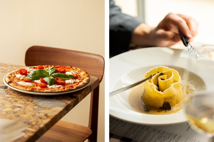 Pizza de mozarela e straciatella, à esquerda; e Pasta pappardella Ripiena di Ricotta e Tartufo, à direita  Pizza de mozarela e straciatella, à esquerda; e Pasta pappardella Ripiena di Ricotta e Tartufo, à direita