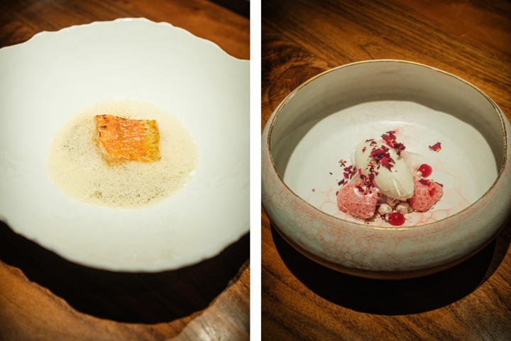 O intrigante arroz da terra e do mar com salmonete (à esquerda) e a pré-sobremesa de framboesa e pimenta rosa O intrigante arroz da terra e do mar com salmonete (à esquerda) e a pré-sobremesa de framboesa e pimenta rosa