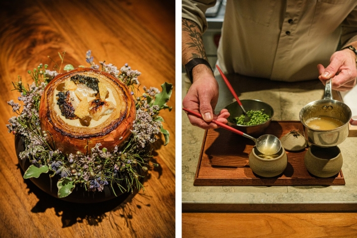 A cebola é um momento surpreendente: puré de cebola e castanha e pedaços de enguia A cebola é um momento surpreendente: puré de cebola e castanha e pedaços de enguia