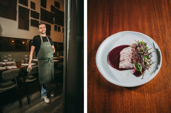 O menu de Pedro Braga é curto e respeita as quatro estações. À direita, corvina fumada com puré de beterraba O menu de Pedro Braga é curto e respeita as quatro estações. À direita, corvina fumada com puré de beterraba