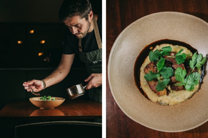 Rojões fumados servidos com xerém de berbigão e jus de porco  Rojões fumados servidos com xerém de berbigão e jus de porco