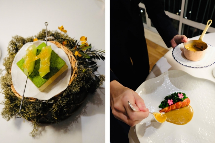 Pedaços de maçã reineta marinados com compota de maçã e crocante de maçã sobre o tradicional cesto de vime, à esquerda. À direita, lavagante com algas, bisque e maracujá Pedaços de maçã reineta marinados com compota de maçã e crocante de maçã sobre o tradicional cesto de vime, à esquerda. À direita, lavagante com algas, bisque e maracujá