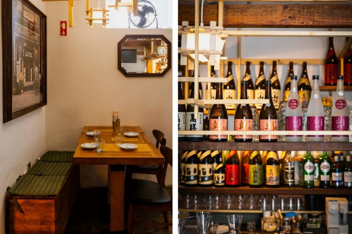 A garrafeira de shochu é um dos atrativos da casa, bons para iniciantes ou conhecedores  A garrafeira de shochu é um dos atrativos da casa, bons para iniciantes ou conhecedores