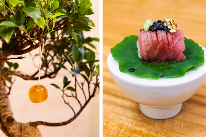 A goma final, pendurada num bonsai é um dos momentos marcantes, tal como o nigiri de barriga de atum e folha de ouro  A goma final, pendurada num bonsai é um dos momentos marcantes, tal como o nigiri de barriga de atum e folha de ouro