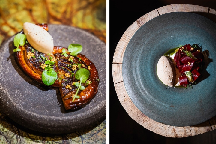 Tarte Tatin, Beterraba, pickles, stracciatella e alho negro  Tarte Tatin, Beterraba, pickles, stracciatella e alho negro