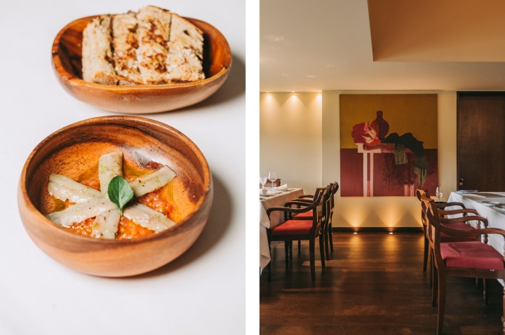 Lombos de sardinha marinados com vinagre de sidra, com creme de tomate coração de boi. A decoração do restaurante é sóbria e elegante Lombos de sardinha marinados com vinagre de sidra, com creme de tomate coração de boi. A decoração do restaurante é sóbria e elegante