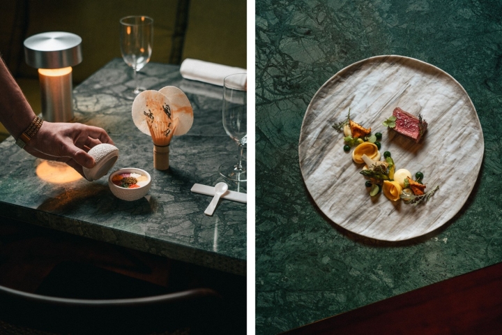 Caviar 3.0, à esquerda, e o novilho guarnecido com sabores da terra e do bosque, à direita  Caviar 3.0, à esquerda, e o novilho guarnecido com sabores da terra e do bosque, à direita