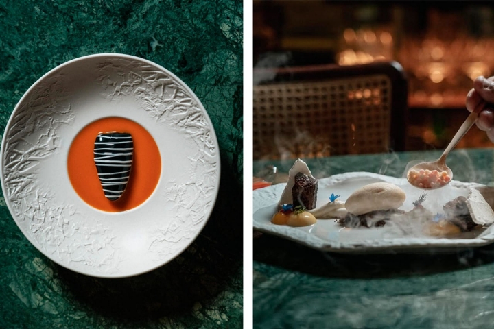 Lula recheada com arroz e enchidos, à esquerda. As sobremesas estão a cargo do chef pasteleiro Pedro Carvalho  Lula recheada com arroz e enchidos, à esquerda. As sobremesas estão a cargo do chef pasteleiro Pedro Carvalho