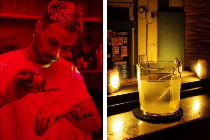 Pablo Straubel é o bartender de serviço. À direita vemos o Triple Niple, com tequila, manga, pimento e limão Pablo Straubel é o bartender de serviço. À direita vemos o Triple Niple, com tequila, manga, pimento e limão