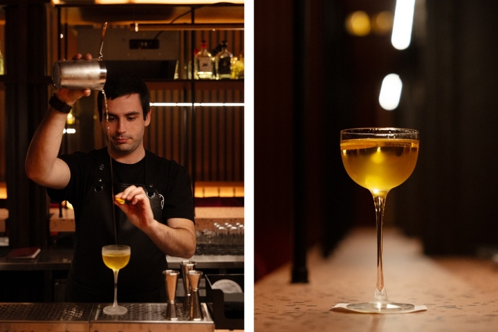 O bartender Tiago Santos prepara o Spiced Oil One Sip, com gin, cúrcuma e óleo de gengibre  O bartender Tiago Santos prepara o Spiced Oil One Sip, com gin, cúrcuma e óleo de gengibre
