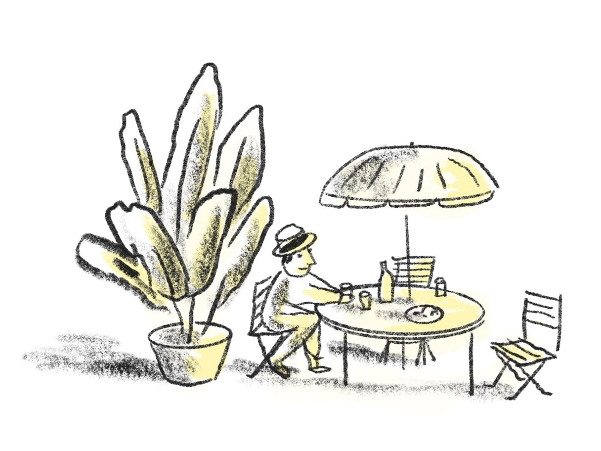 Microilustracion de hombre sentado en una mesa