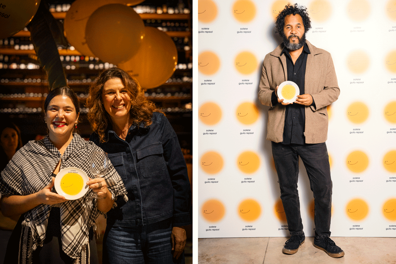 María Ritter, Diretora do Guia Repsol, entregou os soletes aos vencedores presentes, como Leonor Godinho, do Fast Good Bibs (esq.) e Ricardo Maneira, do bar A Viagem das Horas 