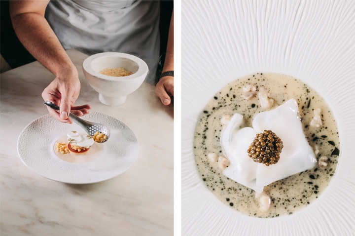 À esquerda: gengibre e citrinos fecha com frescura o menu de degustação. À direita: o pregado escondido sob a lula gigante. O prato leva ainda caviar, bergamota e manteiga noisette À esquerda: gengibre e citrinos fecha com frescura o menu de degustação. À direita: o pregado escondido sob a lula gigante. O prato leva ainda caviar, bergamota e manteiga noisette