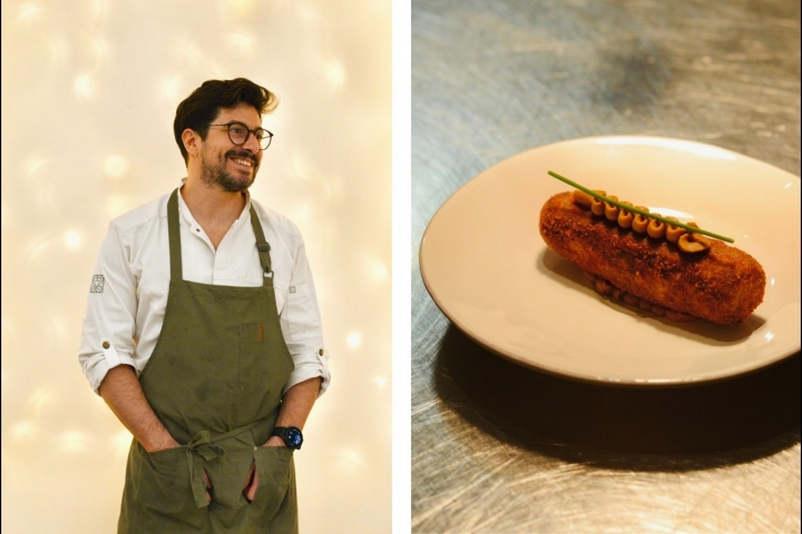 Ruben Trindade Santos está à frente da cozinha. À direita, croquete de cabrito e mostarda de cenoura Ruben Trindade Santos está à frente da cozinha. À direita, croquete de cabrito e mostarda de cenoura