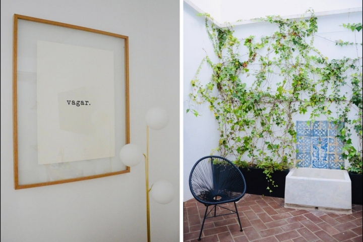 “Vagar”, “Desligar”, e outras mensagems a apelar ao descanso encontram-se emolduradas em cada um dos quartos. À direita, o pátio interior que fica no primeiro piso “Vagar”, “Desligar”, e outras mensagems a apelar ao descanso encontram-se emolduradas em cada um dos quartos. À direita, o pátio interior que fica no primeiro piso