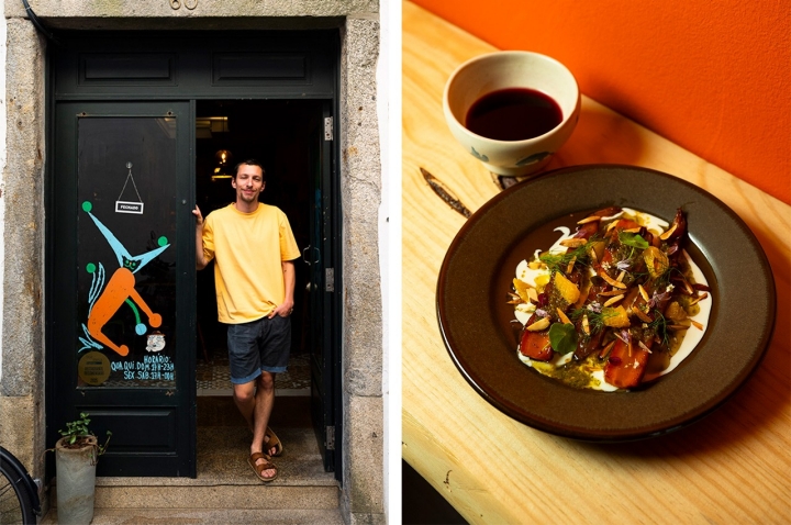 Luís Magalhães, um dos donos do Pacóvio, em Viana do Castelo. À direita, um dos seus pratos, o Sim Cenoura Luís Magalhães, um dos donos do Pacóvio, em Viana do Castelo. À direita, um dos seus pratos, o Sim Cenoura