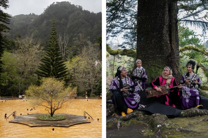 As águas férreas do Parque Terra Nostra estão a 40 graus. À direita, actuação da artista marroquina Asma El Hamzaoui com o seu grupo As águas férreas do Parque Terra Nostra estão a 40 graus. À direita, actuação da artista marroquina Asma El Hamzaoui com o seu grupo
